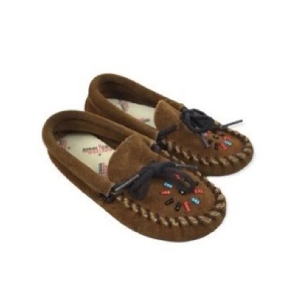 Minnetonka Brown Beaded Leather Moccasins Unisex Toddler Size 8